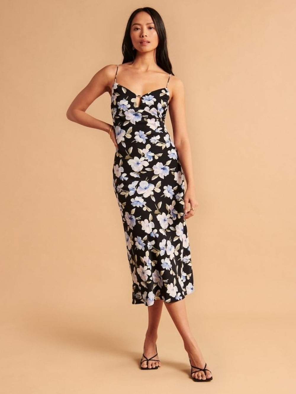 Abercrombie & Fitch Floral Slip Midi Dress Tie Back Spaghetti Strap Size L 90s